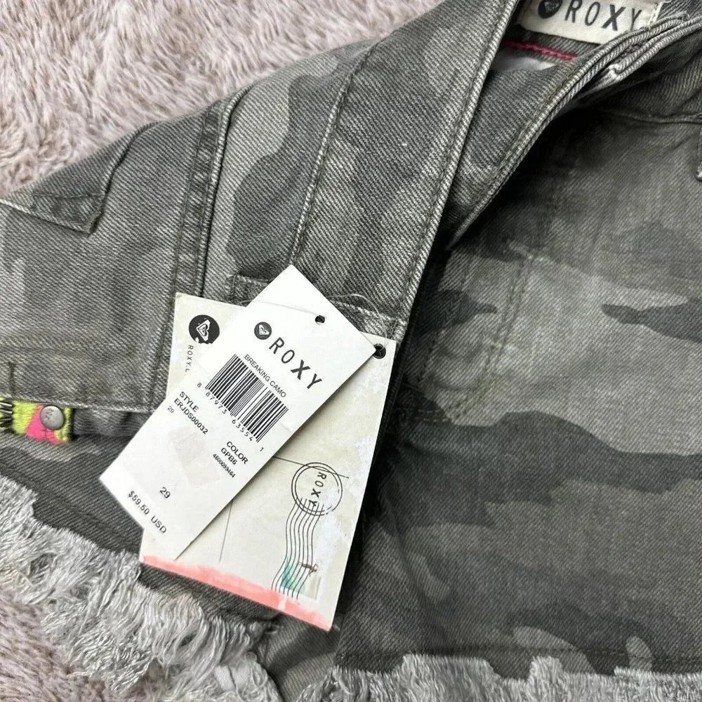 Roxy Denim Shorts Breaking Camo Cutoff Mid Rise Women's Frayed Beaded New - Picture 15 of 16